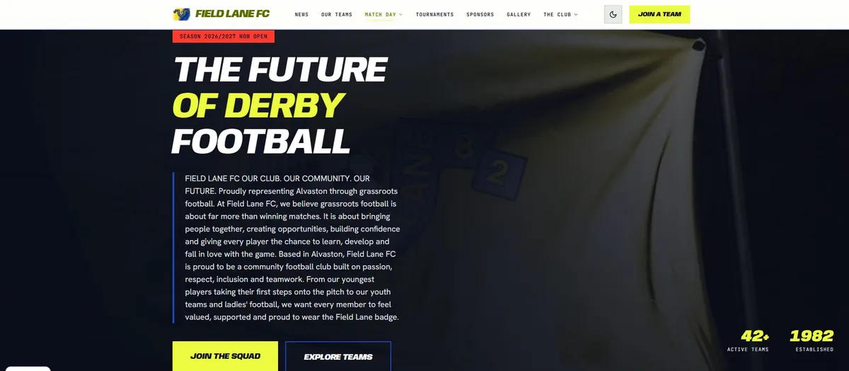 The Field Lane Football Club homepage with its club flag and Derby football headline